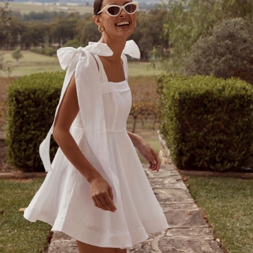 White Shoulder Tie Mini Dress Size Small